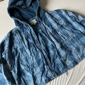 Soft denim cropped flannel with distresses on the sleeves from American Eagle.